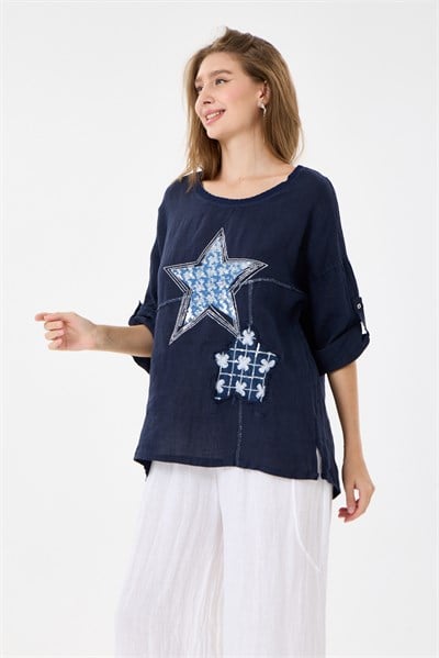 İtalyan %100 Keten Yıldız ve Çiçek Desen Yamalı Katlanır Kollu Oversize Keten Bluz 38 - 44 Beden - Lacivert