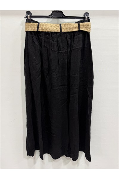 Siyah İtalyan Hasır Kemerli Sahte Düğmeli Cepli Uzun Keten Etek