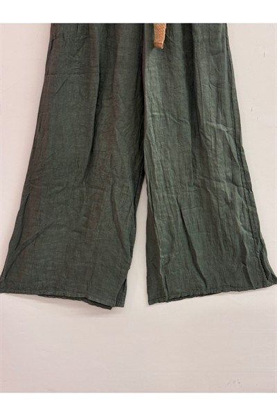 Haki Kadın İtalyan Beli Lastikli Kemerli Bol Paça Keten Pantolon