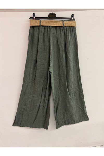Haki Kadın İtalyan Beli Lastikli Kemerli Bol Paça Keten Pantolon