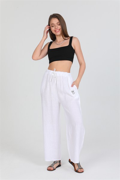 Beyaz Kadın İtalyan Beli Bağcıklı Bol Paça Keten Pantolon 40 - 44 Beden