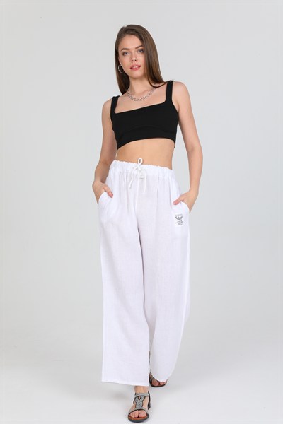 Beyaz Kadın İtalyan Beli Bağcıklı Bol Paça Keten Pantolon 40 - 44 Beden