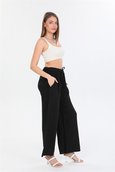 Siyah Kadın İtalyan Beli Bağcıklı Bol Paça Keten Pantolon 40 - 44 Beden
