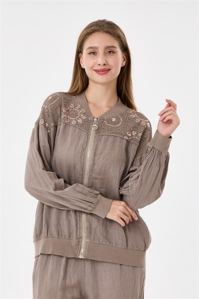 Taupe İtalyan Ceketi Ve Pantolonu Pullu Keten Takım 2605XA46 - 11704-2437