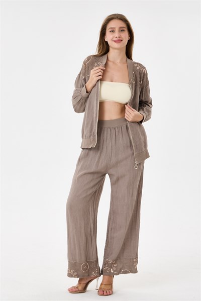 Taupe İtalyan Ceketi Ve Pantolonu Pullu Keten Takım 2605XA46 - 11704-2437