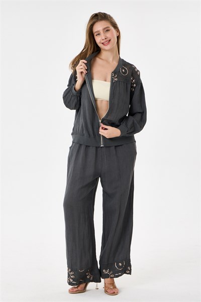 Dark Grey İtalyan Ceketi Ve Pantolonu Pullu Keten Takım 2605XA46 - 11704-2437