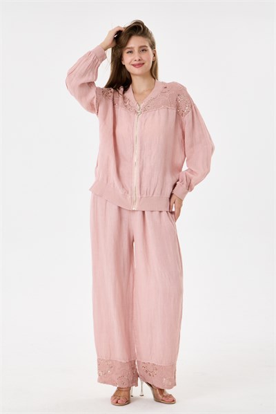 Pink İtalyan Ceketi Ve Pantolonu Pullu Keten Takım 2605XA46 - 11704-2437