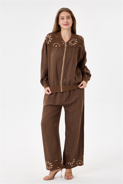 cioccolato İtalyan Ceketi Ve Pantolonu Pullu Keten Takım 2605XA46 - 11704-2437