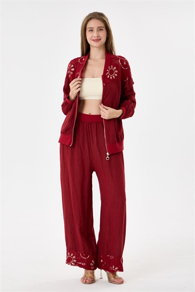 Red İtalyan Ceketi Ve Pantolonu Pullu Keten Takım 2605XA46 - 11704-2437