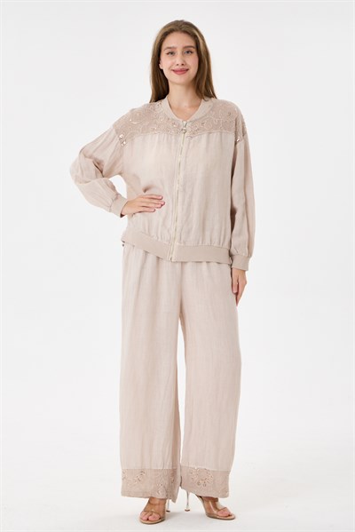 Beige İtalyan Ceketi Ve Pantolonu Pullu Keten Takım 2605XA46 - 11704-2437