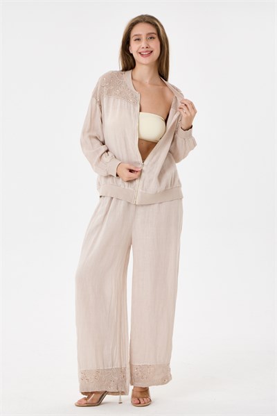 Beige İtalyan Ceketi Ve Pantolonu Pullu Keten Takım 2605XA46 - 11704-2437