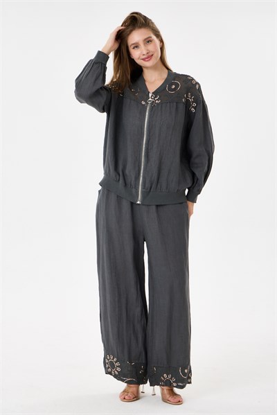 Dark Grey İtalyan Ceketi Ve Pantolonu Pullu Keten Takım 2605XA46 - 11704-2437