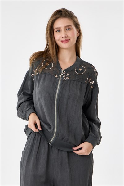 Dark Grey İtalyan Ceketi Ve Pantolonu Pullu Keten Takım 2605XA46 - 11704-2437