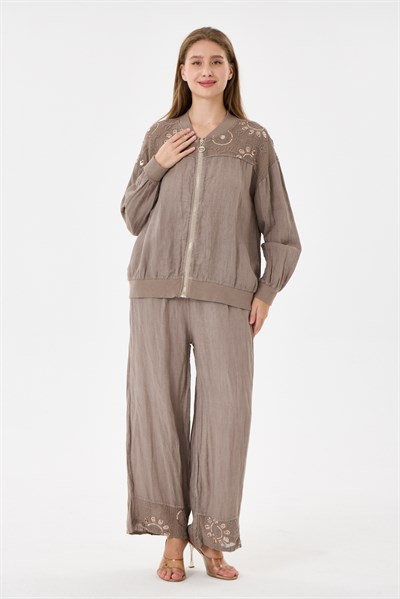 Taupe İtalyan Ceketi Ve Pantolonu Pullu Keten Takım 2605XA46 - 11704-2437