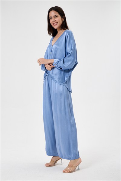 Kadın İtalyan Uzun Kol Düğmeli Bluz - Pantolon 2li Viskon Salaş Saten Takım 40 - 46 Beden