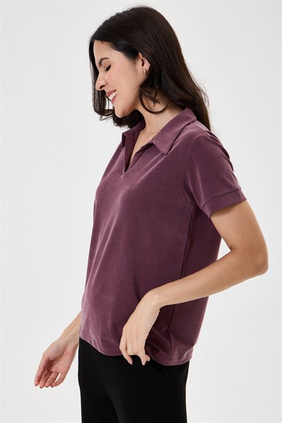 Kadın Regular Fit Polo Yaka Likralı Modal Tşört