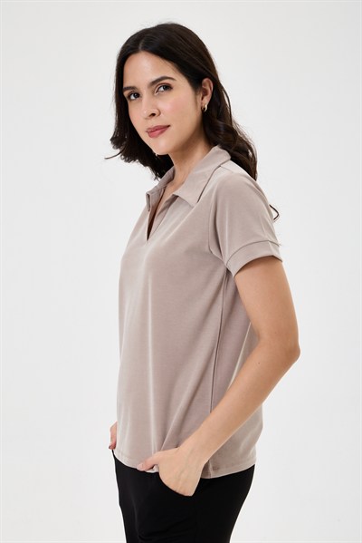 Kadın Regular Fit Polo Yaka Likralı Modal Tşört