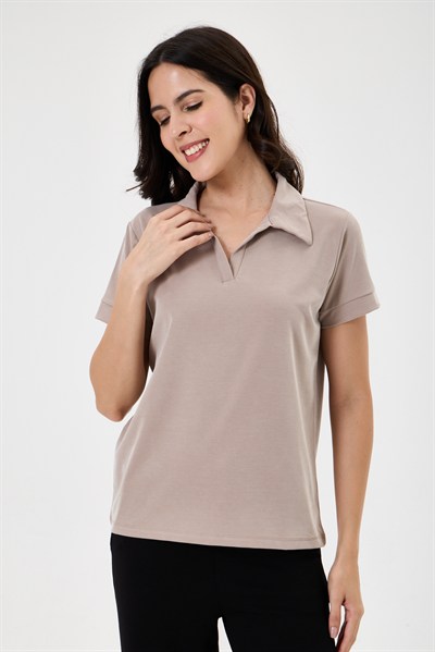 Kadın Regular Fit Polo Yaka Likralı Modal Tşört