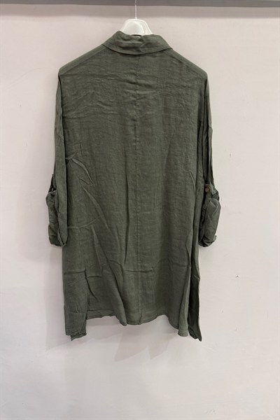 Haki Kadın İtalyan Düşük Kol Geniş Kalıp Gömlek Yaka Oversize Keten Tunik 44 - 54 Beden