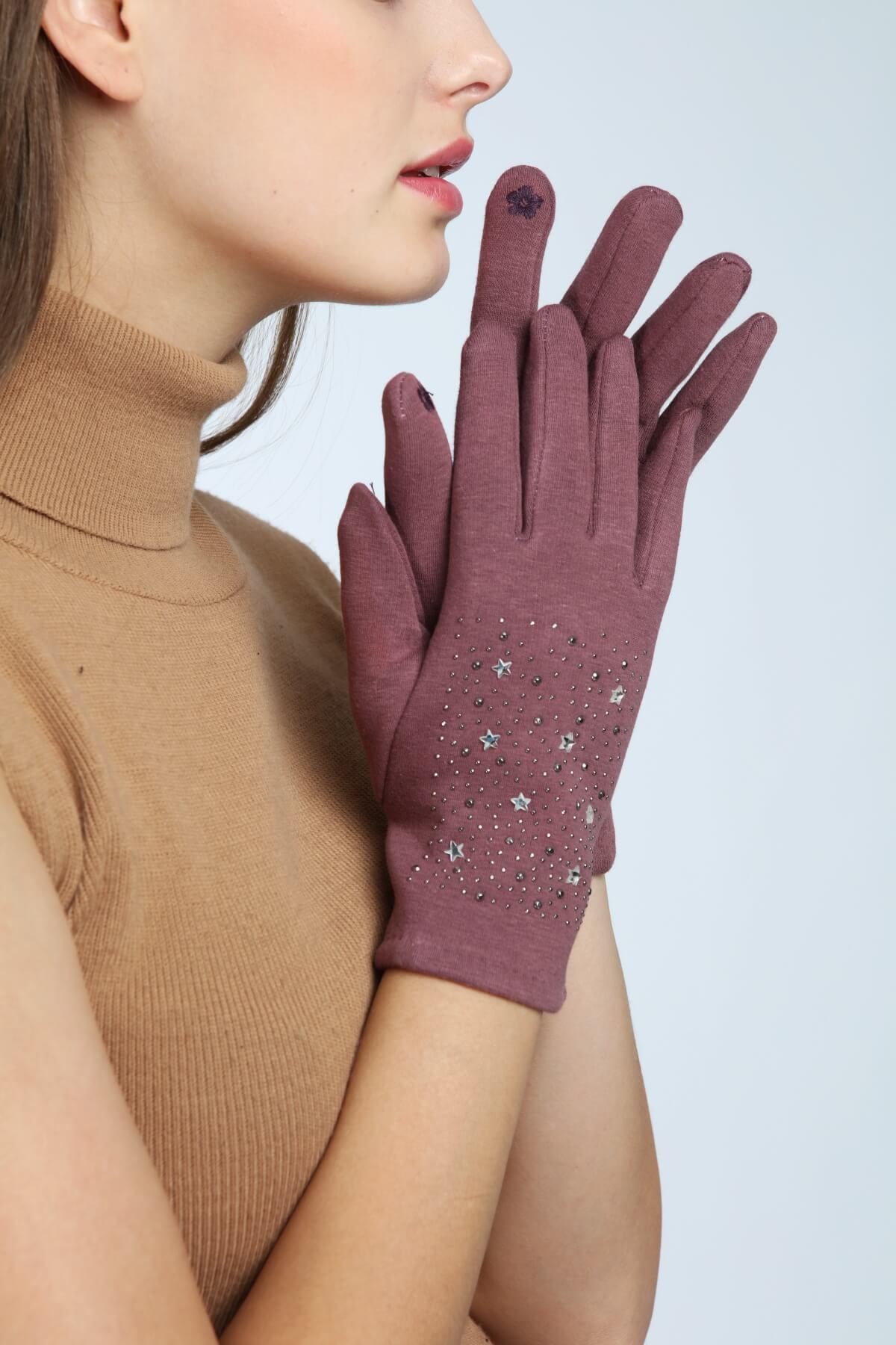 Kadın Pembe Dokunmatik Parmaklı İçi Polarlı Yıldız ve Taş Detaylı Eldiven