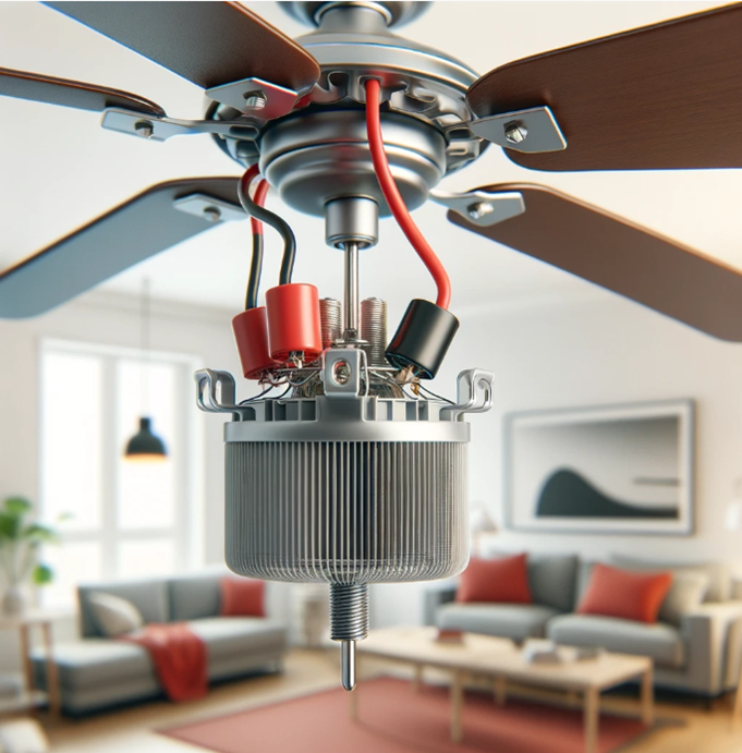 Kablolu vantilatör kondansatörü ve bağlantıları, ev ortamında tavana monte edilmiş vantilatör motoru ile birlikte