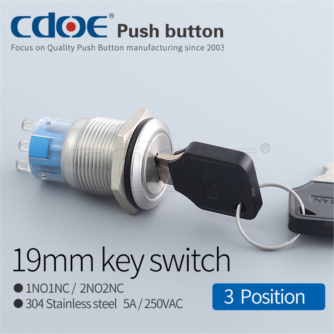 19mm Metal Key Buton Off-On IP40 5A 250VAC