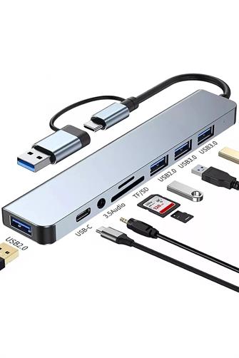 8 in 1 Type-C USB Hub Çoklayıcı | USB 3.0, USB 2.0, SD, TF, Ses, Type-C DönüştürücüType-C 8 in 1 USB HUB Çoklayıcı | USB 3.0, USB 2.0, SD, TF, Ses, Type-C Dönüştürücü | Robo Dünya