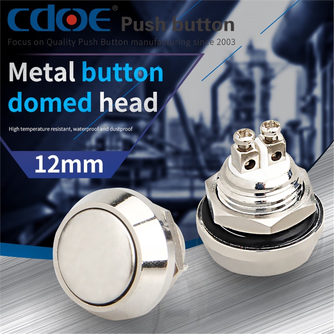 12mm Metal Buton Paslanmaz/Çelik IP65 3A 250VAC 2P 1No