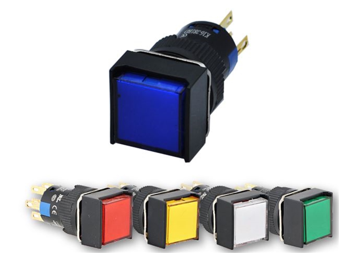 16mm Mavi Ledli Yaylı Buton 5P (Kare) 10V-30V