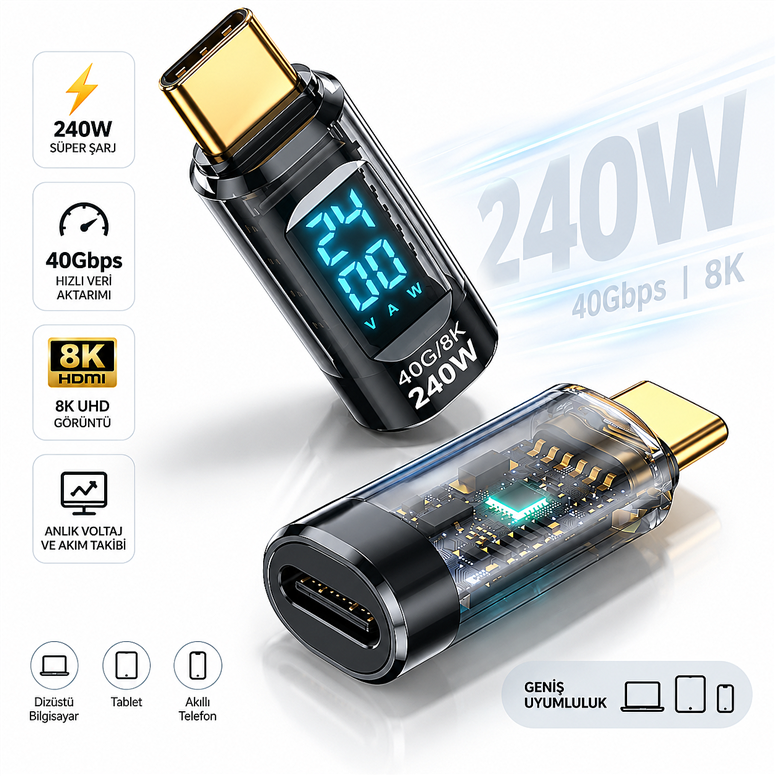 240W USB 3.1 Type-C Dijital Güç Ölçer Adaptör – 40Gbps Veri Aktarımı, 8K Görüntü Destekli Voltaj Akım Watt Göstergeli240W USB Type-C Dijital Voltaj Akım Güç Ölçer | Robo Dünya