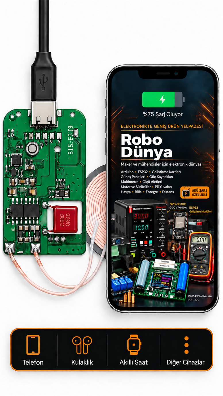 5125-FA Type-C Kablosuz Şarj Modülü – Qi Uyumlu Wireless Şarj Verici Devresi5125-FA Type-C Qi Kablosuz Şarj Modülü | Robo Dünya