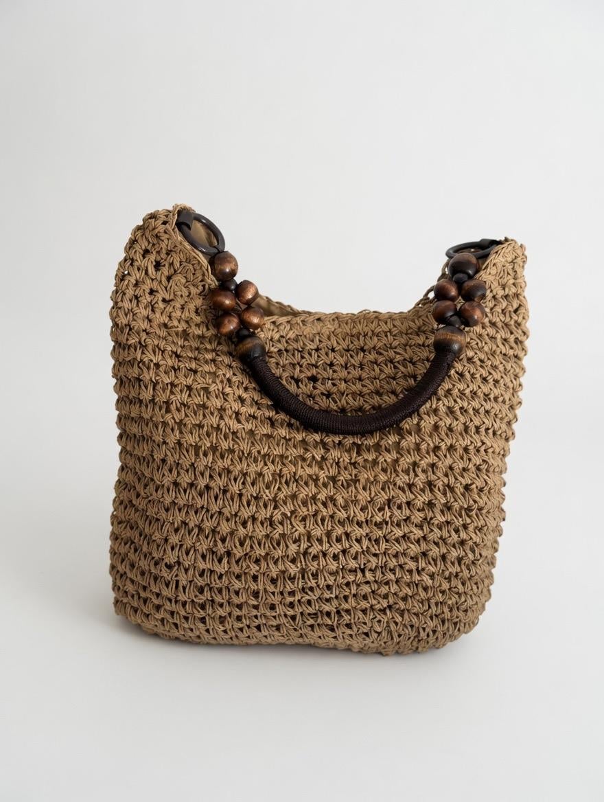 AHŞAP BONCUKLU HASIR ÇANTA