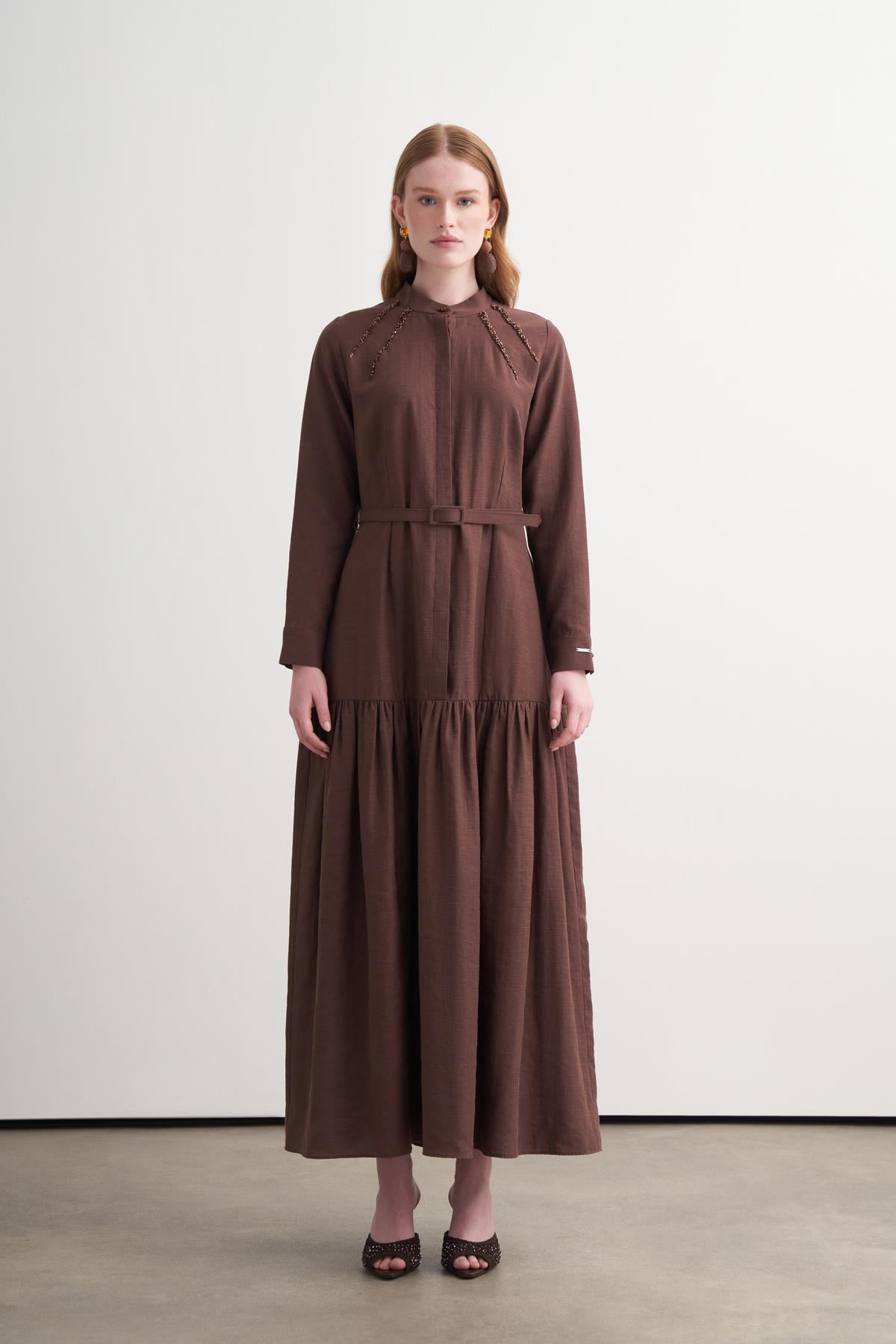 BONCUK İŞLEMELİ BAMBU KETEN ELBİSE