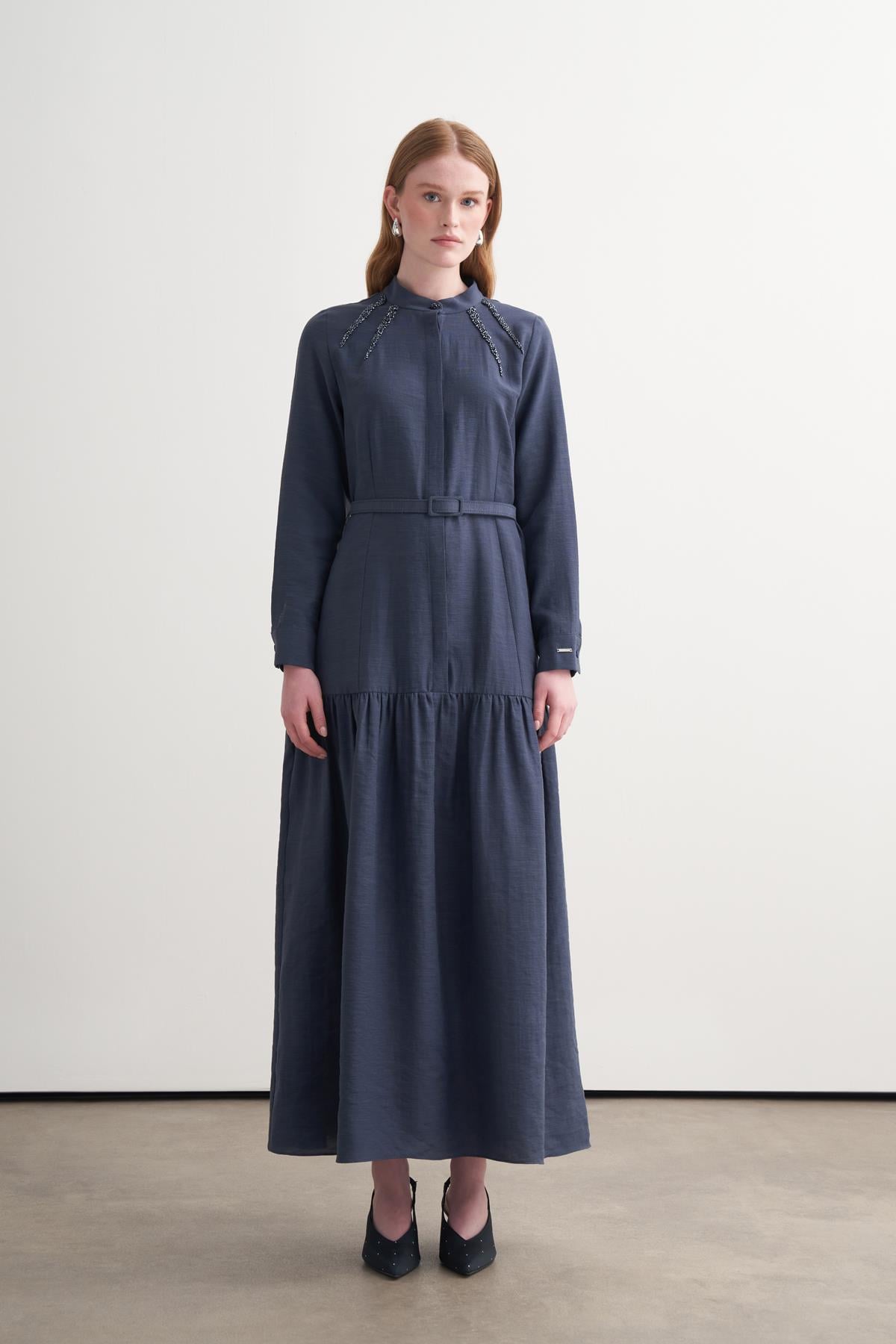 BONCUK İŞLEMELİ BAMBU KETEN ELBİSE