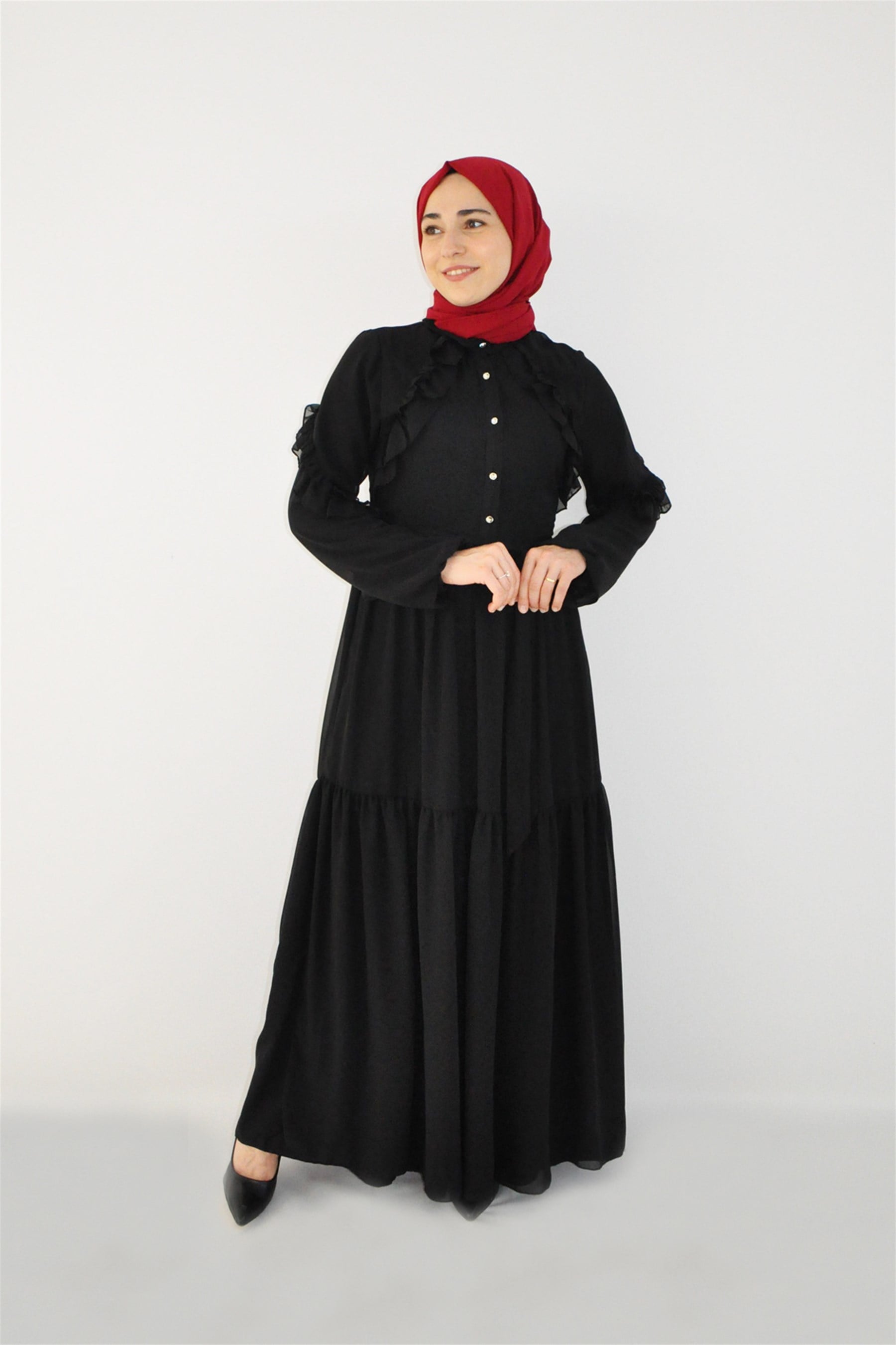 DÜĞMELİ ŞİFON ELBİSE