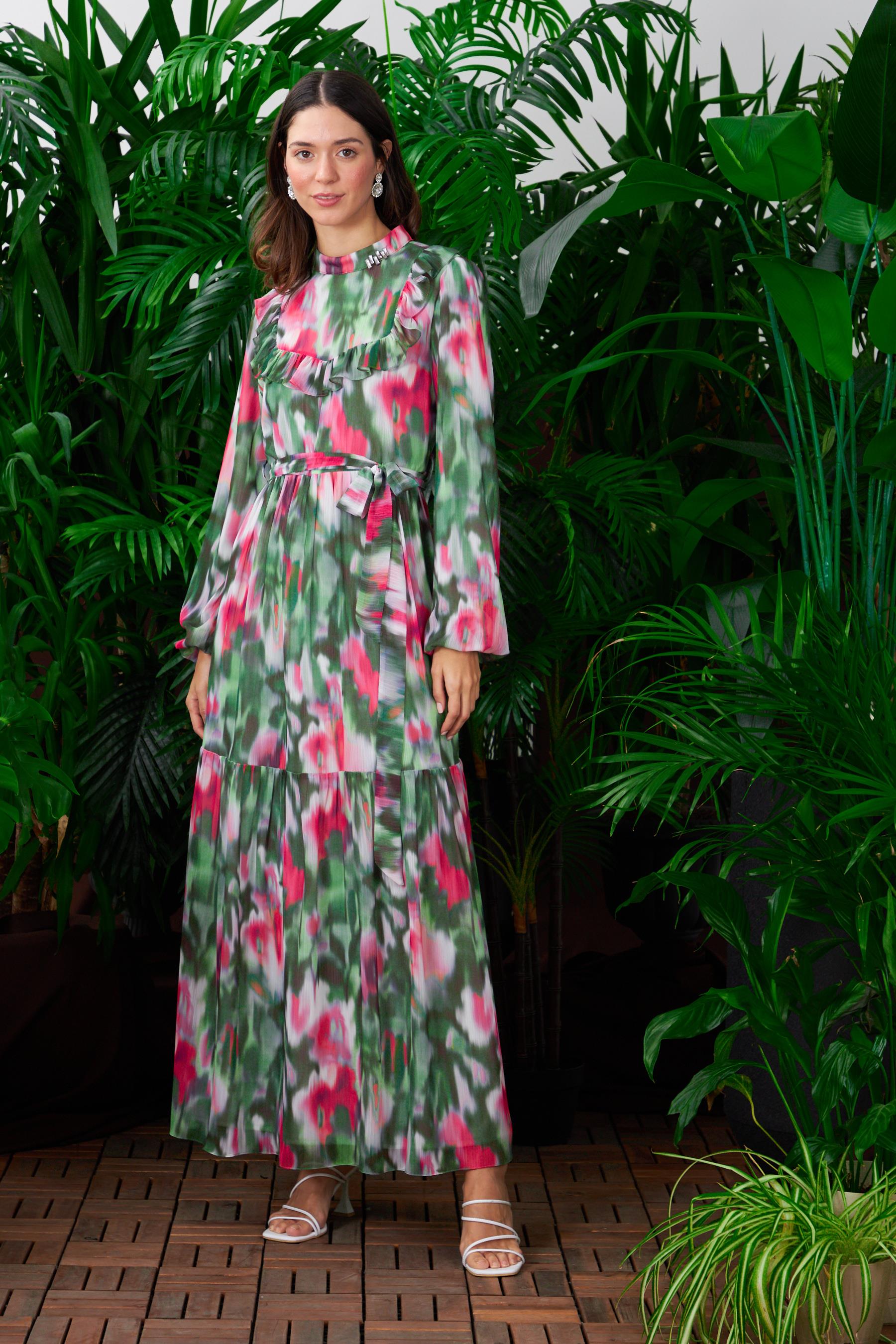 FIRFIRLI DESENLİ ŞİFON ELBİSE