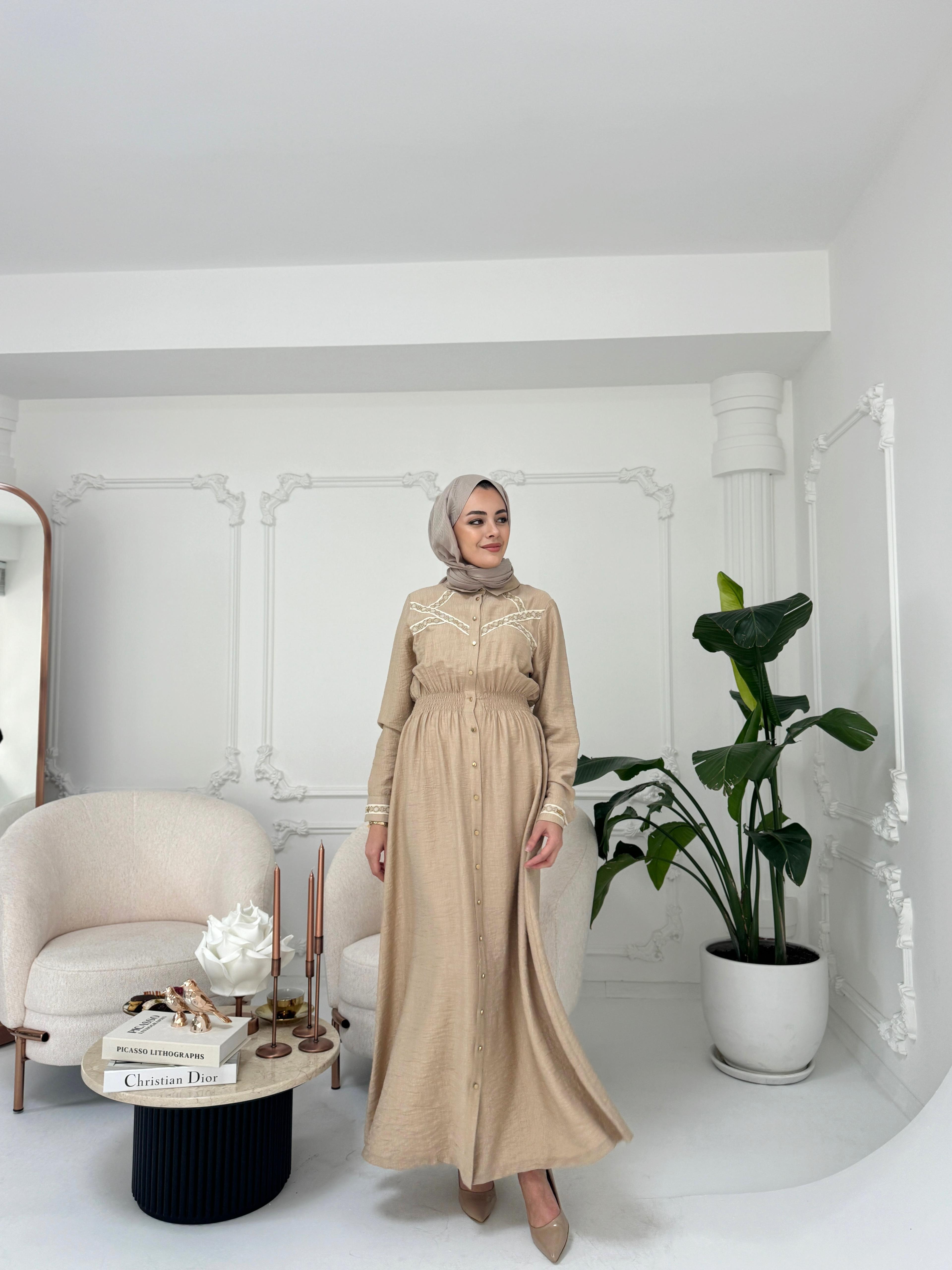 ŞERİT DETAYLI KETEN ELBİSE