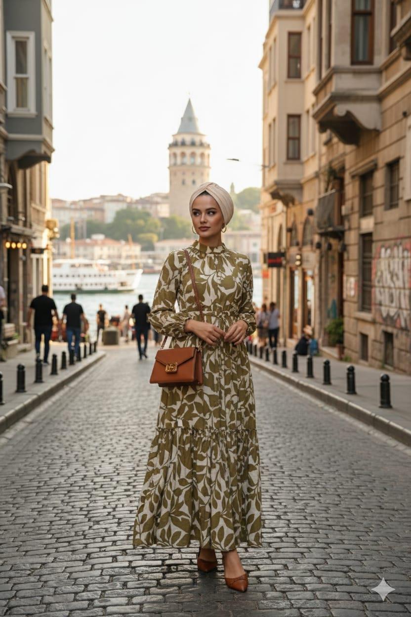 YAPRAK DESENLİ CUPRA KETEN ELBİSE