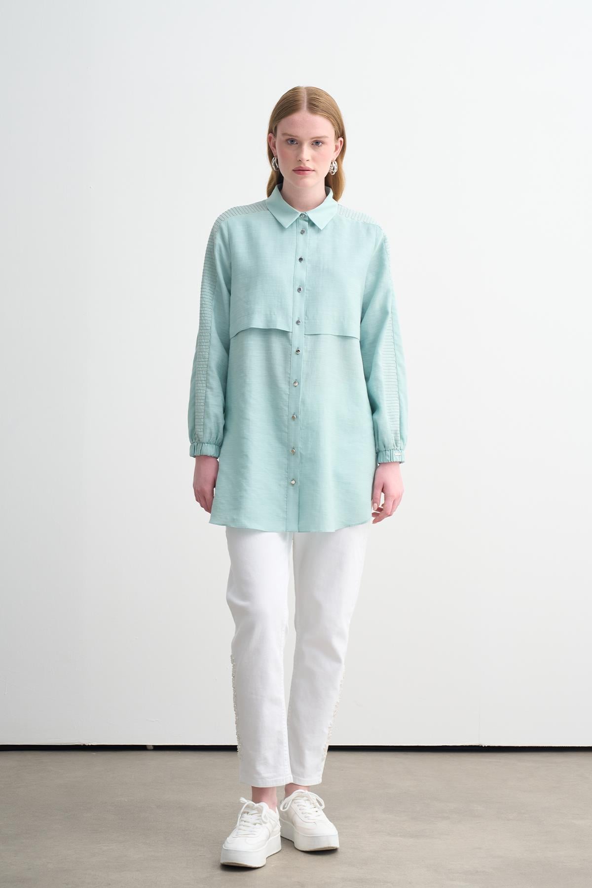 ZİNCİR NAKIŞLI BAMBU KETEN GÖMLEK