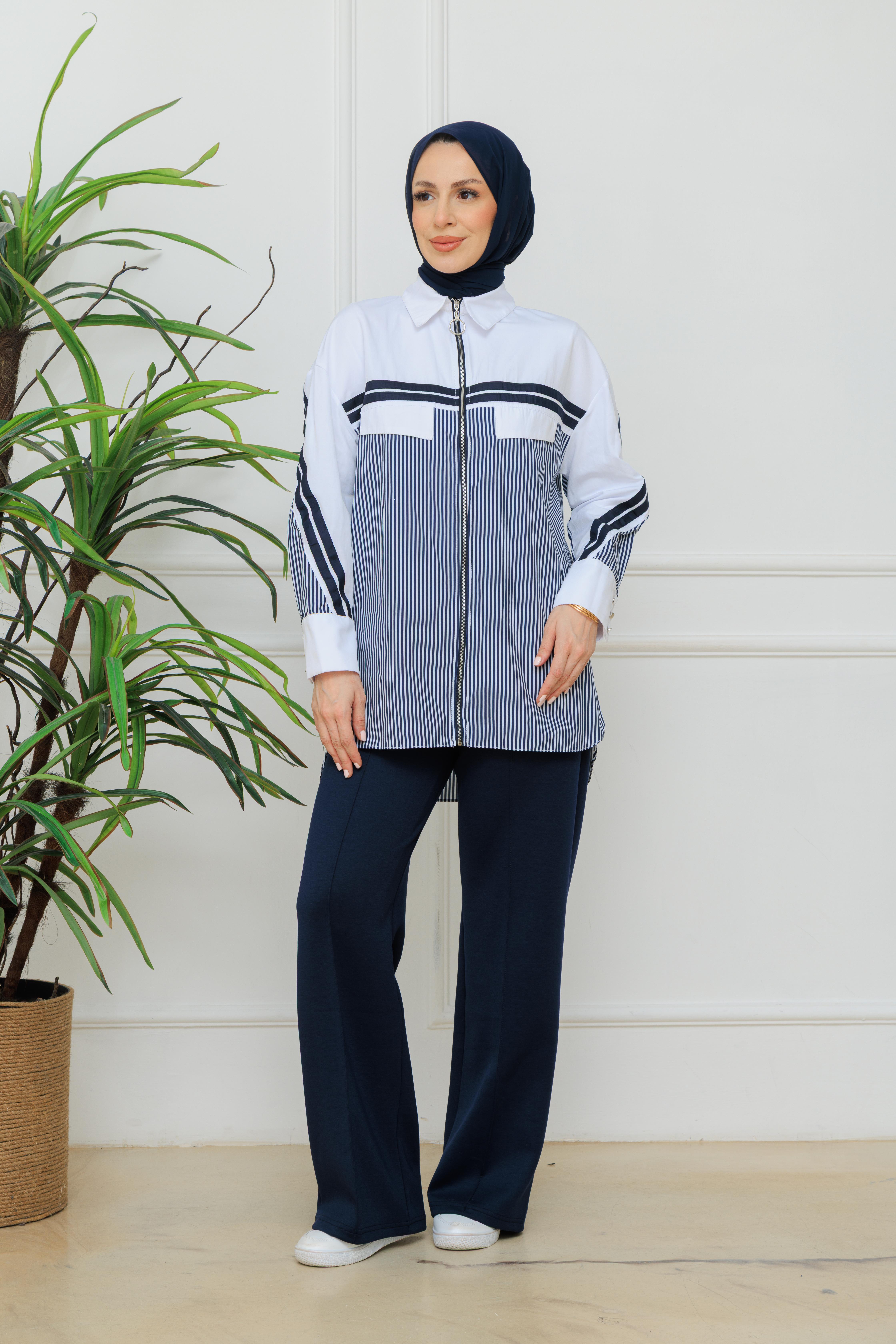 BİYE DETAYLI ÇİZGİLİ GÖMLEK