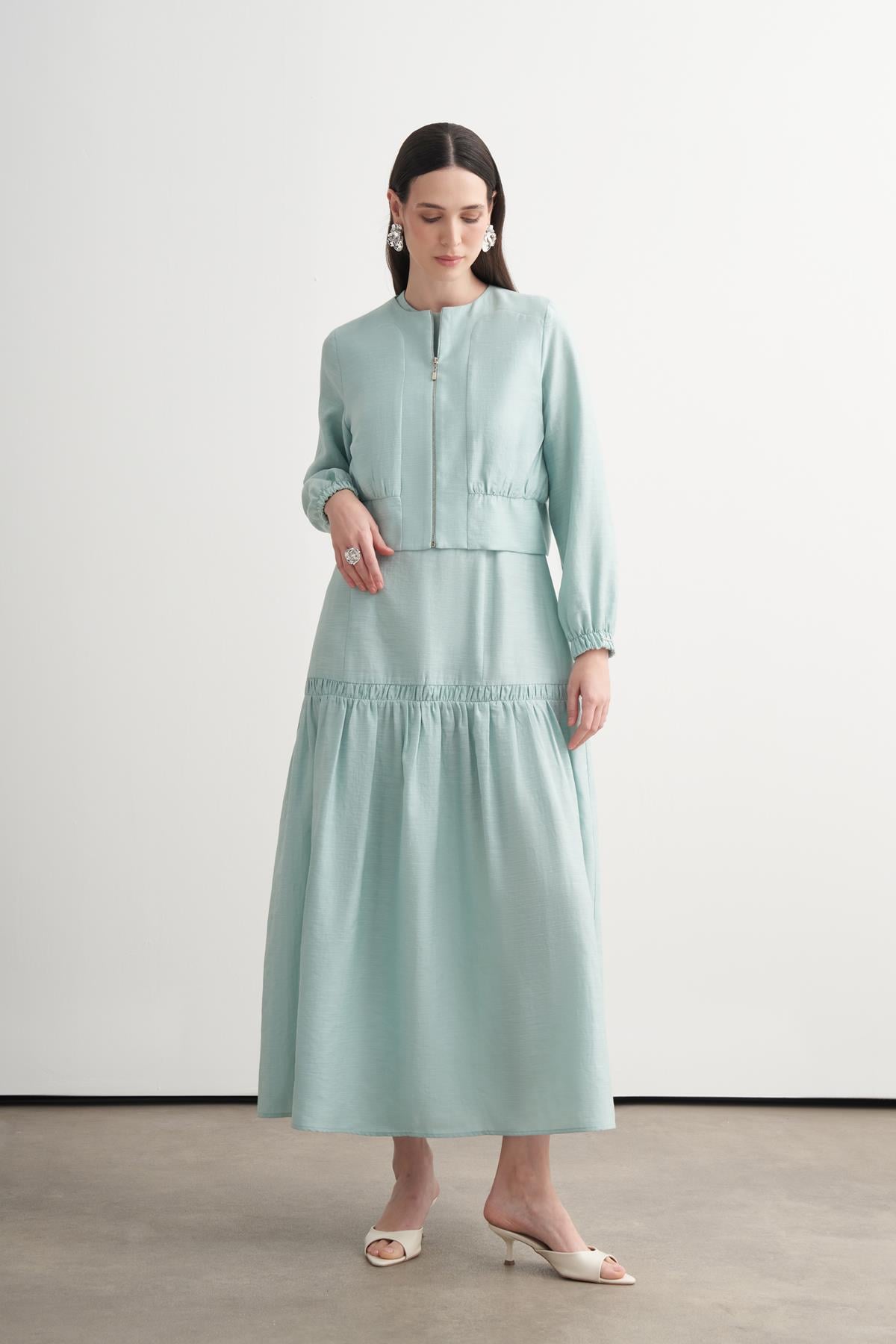 CEKETLİ BAMBU KETEN ELBİSE