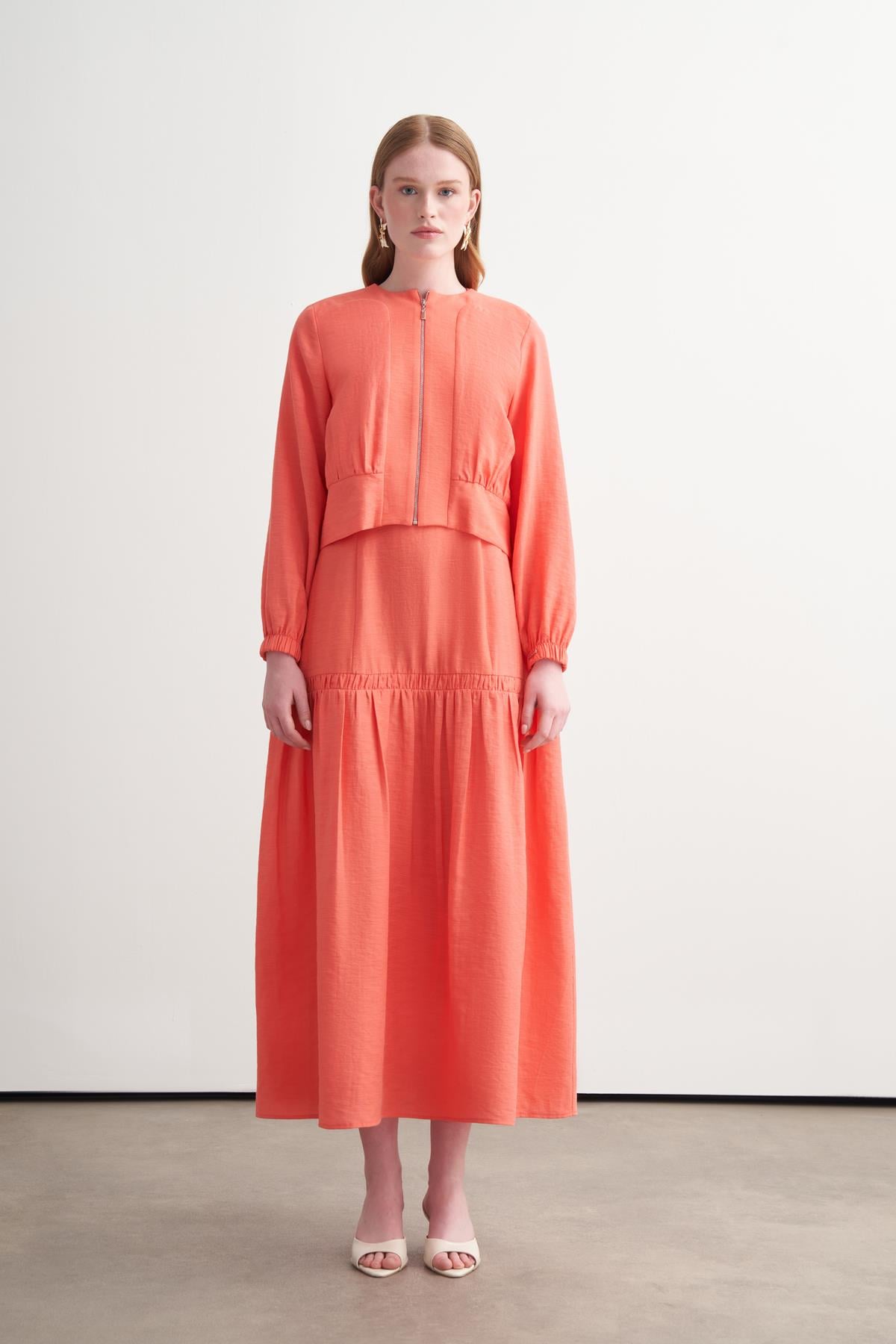 CEKETLİ BAMBU KETEN ELBİSE