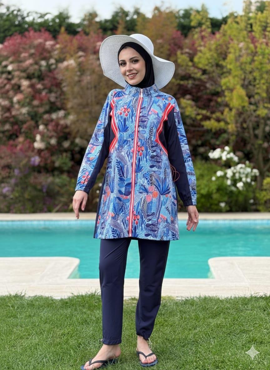 ÇİÇEK DESENLİ GARNİLİ TESETTÜR MAYO