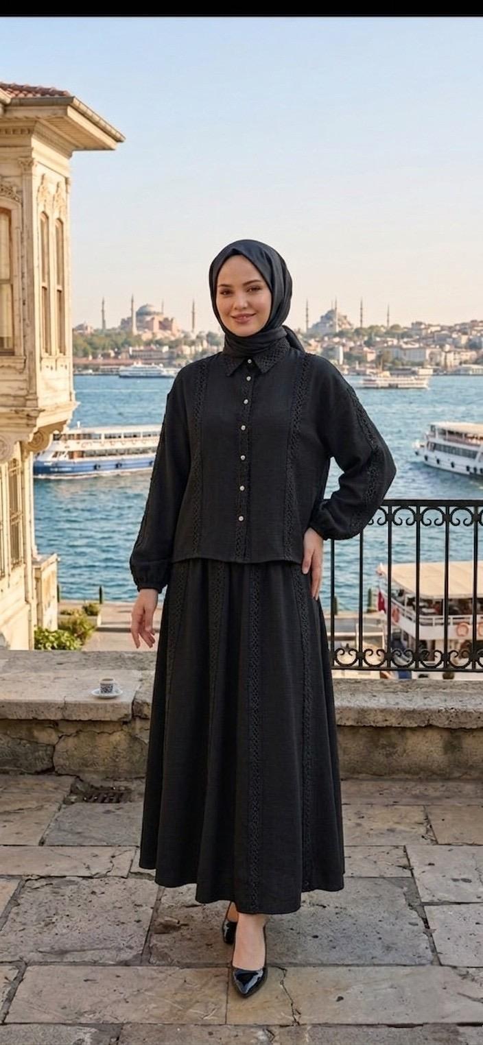 ŞERİT DETAYLI ETEKLİ KETEN TAKIM