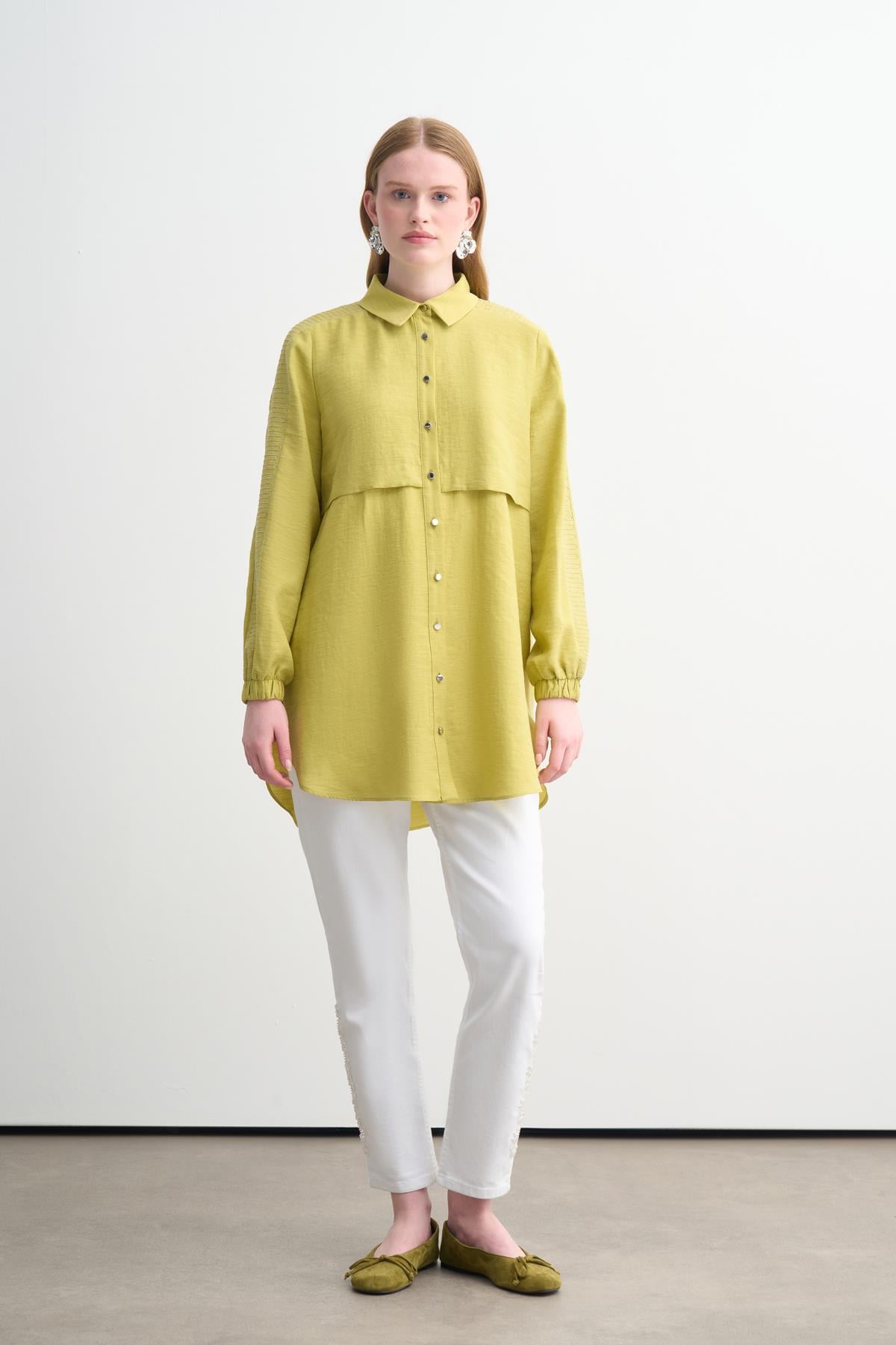 ZİNCİR NAKIŞLI BAMBU KETEN GÖMLEK