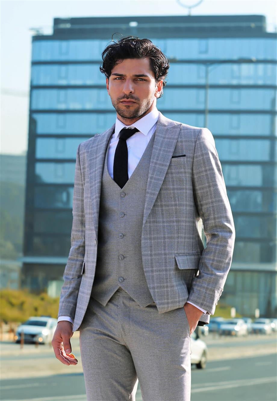 Açık Gri Ekose Ceketli Slim Fit Takım Elbise