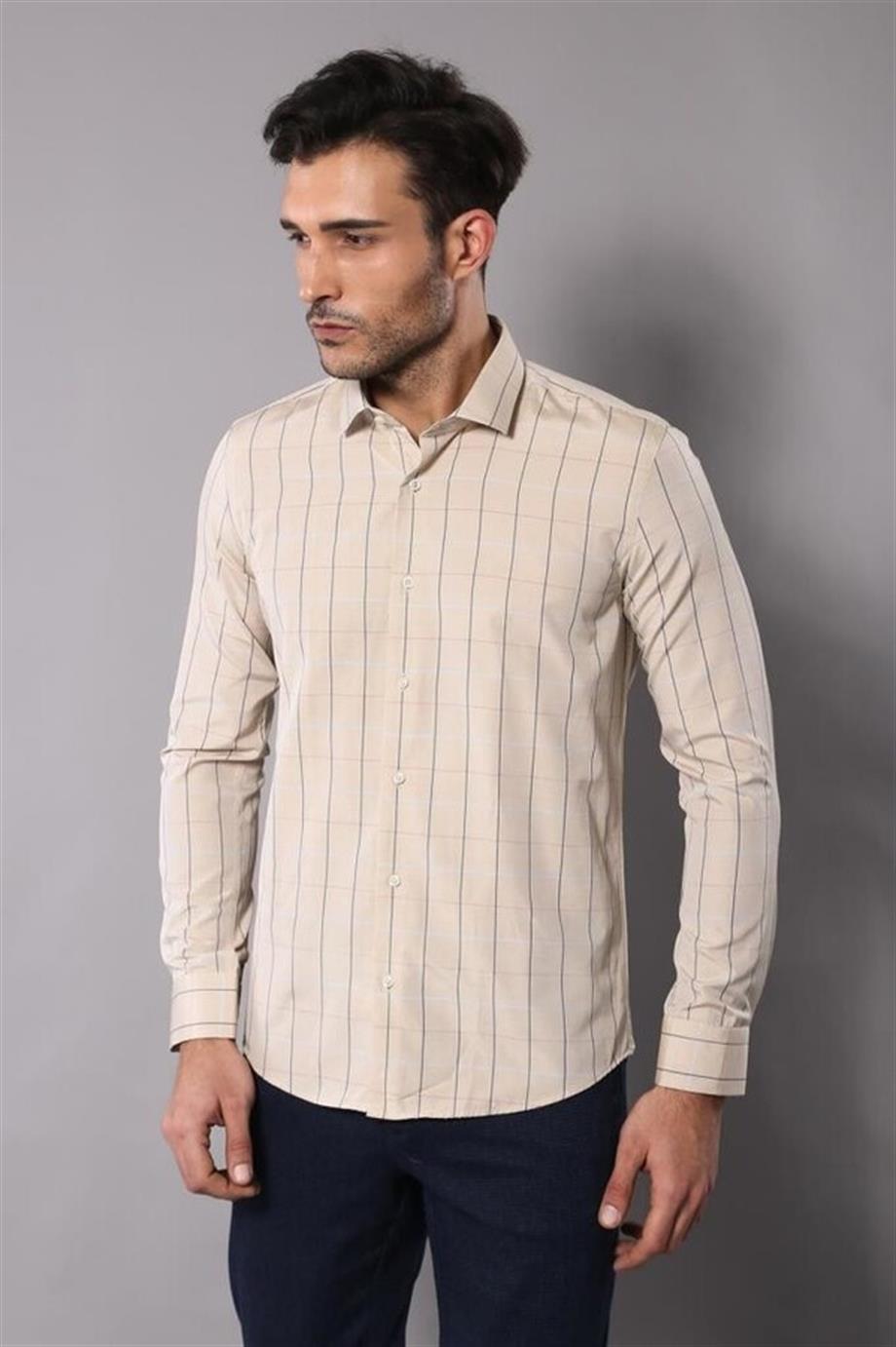 Bej Slim Fit Ekose Erkek Gömlek | Wessi