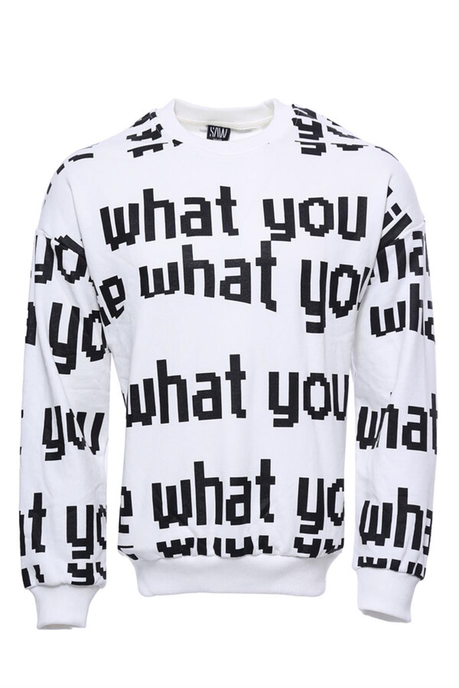 Beyaz Baskılı Bisiklet Yaka Sweatshirt