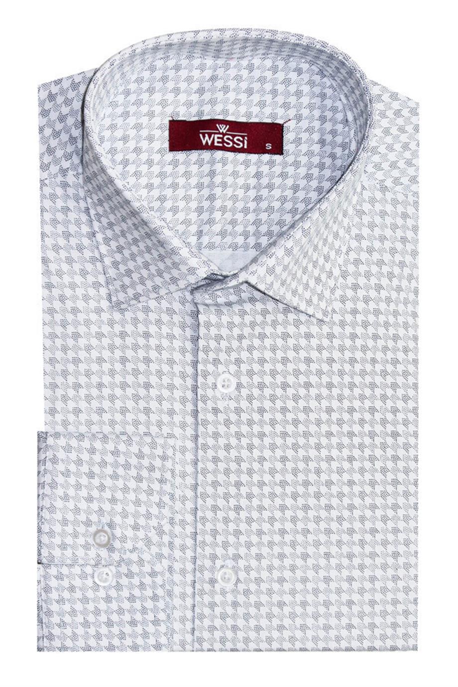 Beyaz Kaz Ayağı Desenli Slim Fit Gömlek