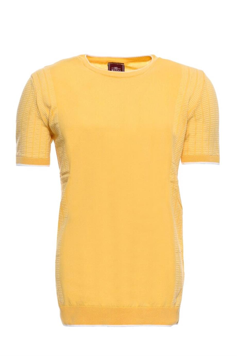 Bisiklet Yaka Kenarları Desenli Hardal Örme T-shirt | Wessi